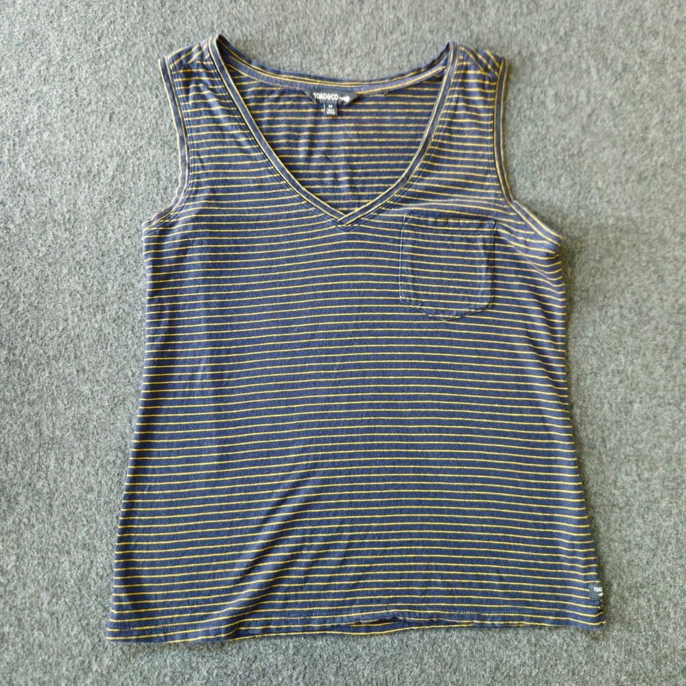 Toad & Co Grom Tank Women M Navy Yellow Stripe Hemp V-Neck Granola Girl 2023 Bee